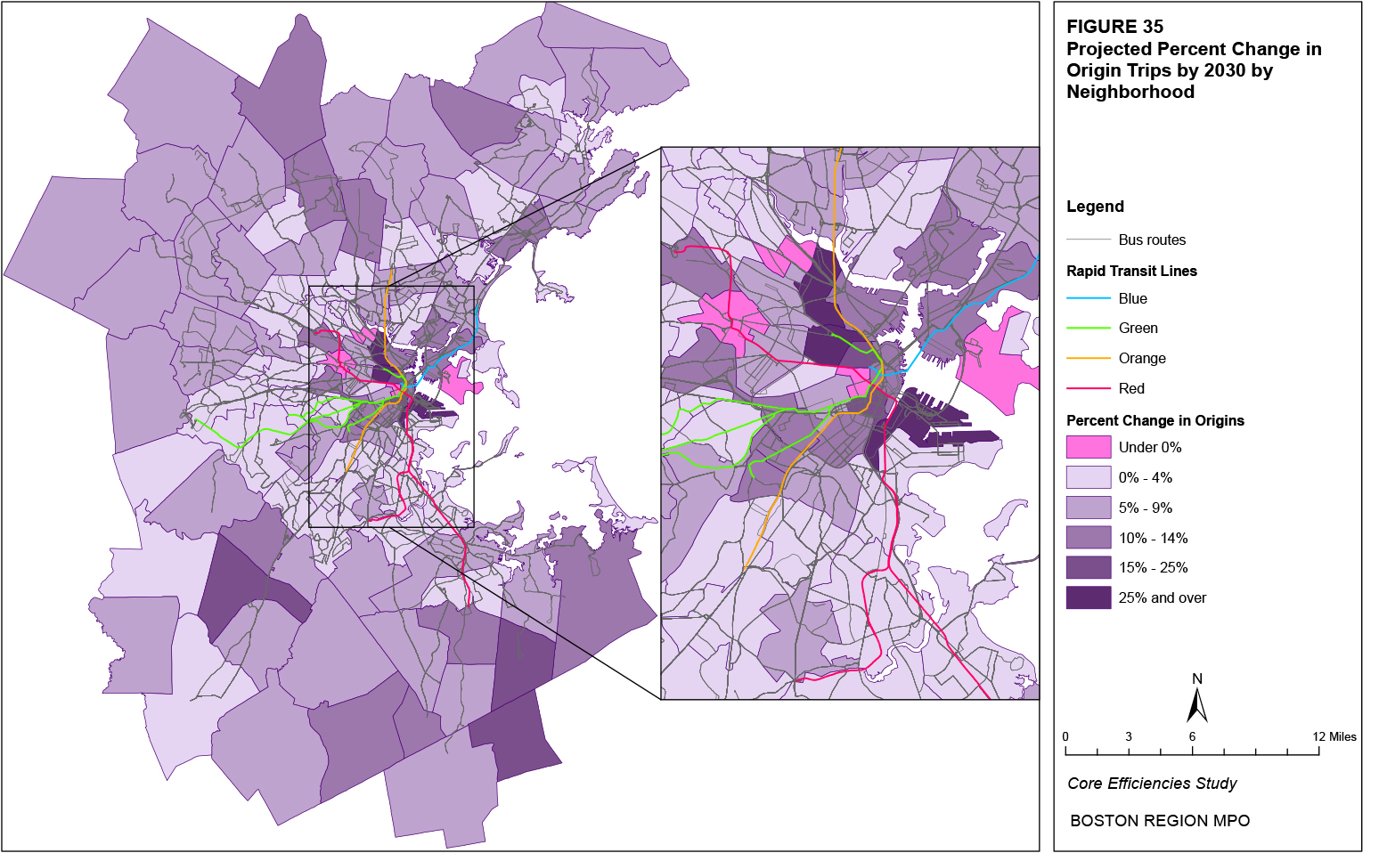 This map shows the projected percent change in origin trips by neighborhood.